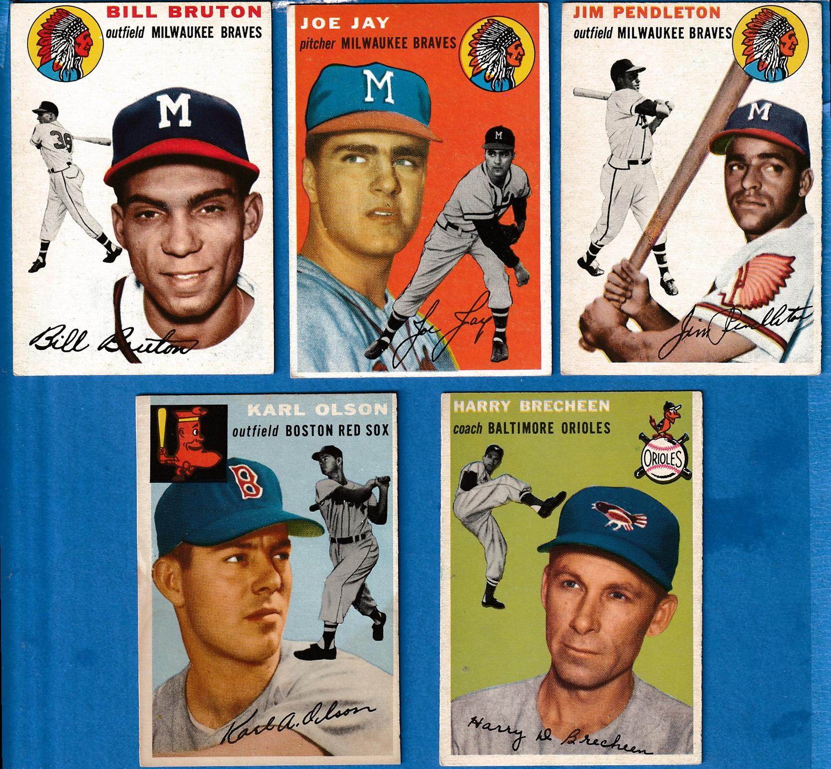 Lot of (5) 1954 Topps Baseball Cards with #156 Joe Coleman, #249 Wilmer  Mizell, #203 Harry Brecheen, #235 Vern Law, #79 Andy Pafko