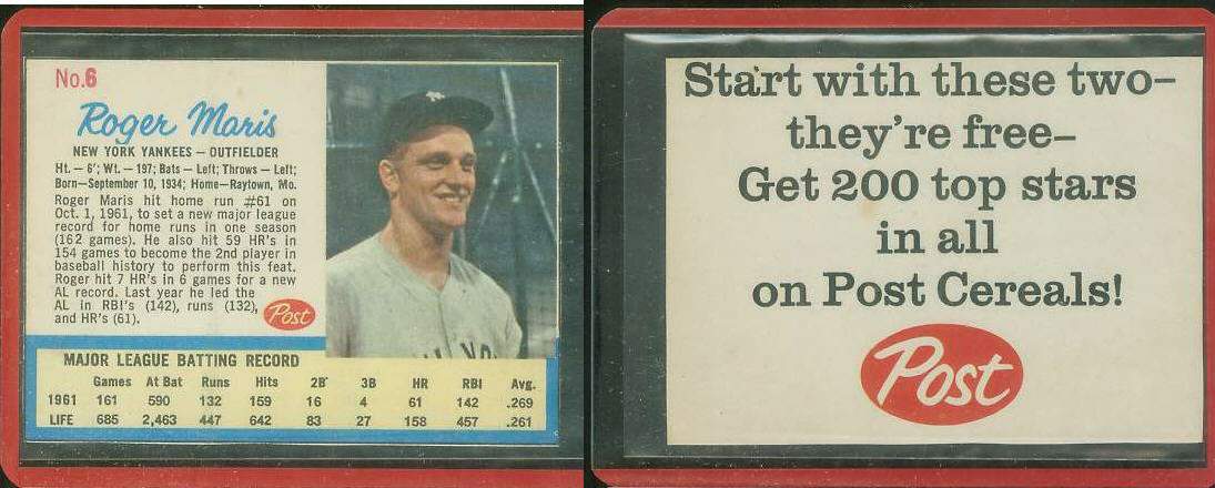 1961 POST CEREAL #7 Roger Maris NEW YORK YANKEES ***RARE NO YELLOW STATS***