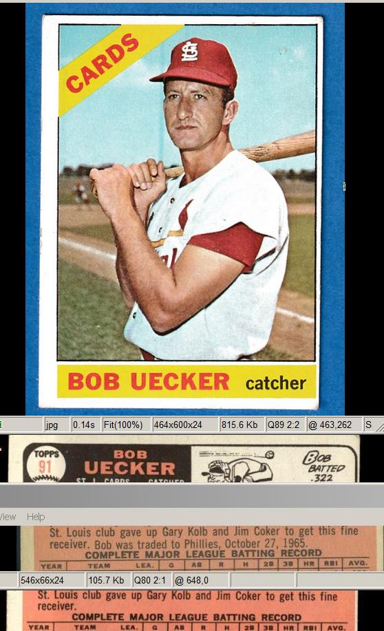 1966 Topps Baseball - # 91 Bob Uecker, C, St. Louis Cardinals (rare  variation)