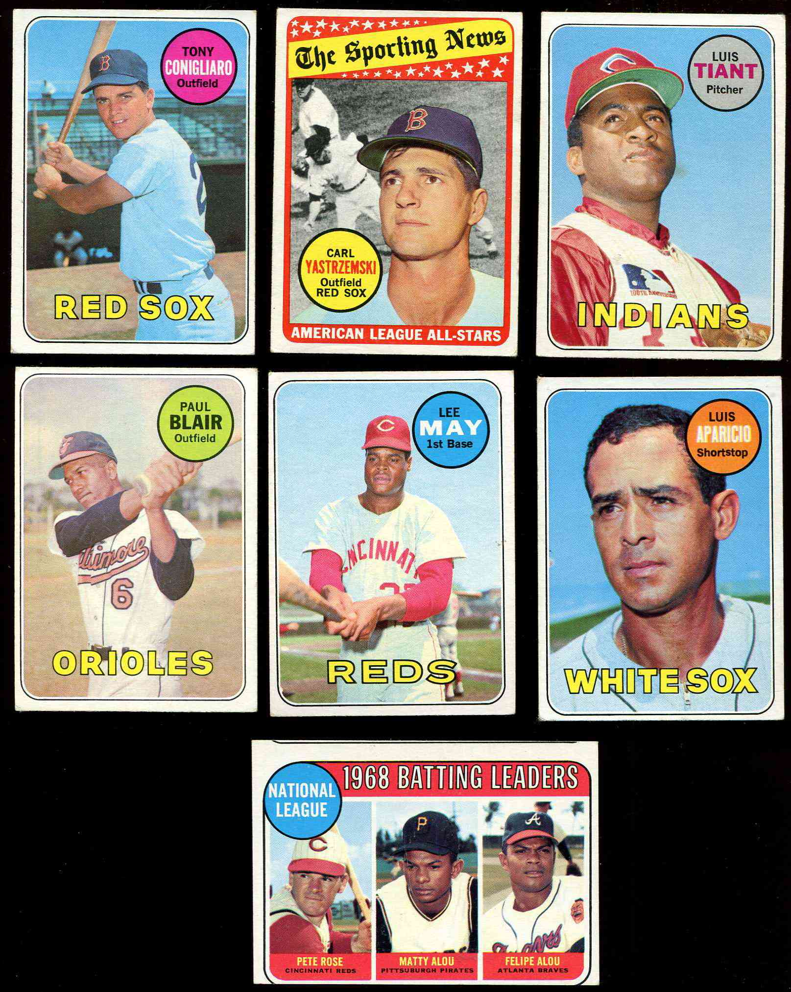 Lot of (6) 1969 Topps Baseball Cards with #1 AL Batting Leaders / Carl  Yastrzemski, #4 NL RBI Leaders / Willie McCovey, #6 NL Home Run Leaders /  Ernie Banks, #7 AL ERA Leaders / Luis Tiant