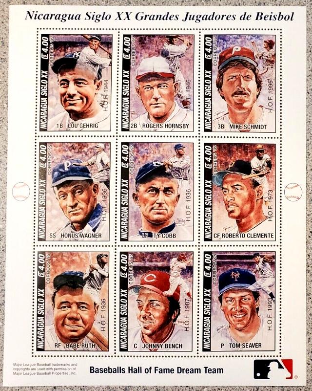 1995 Nicaragua -  Complete 9-Stamp POSTAGE STAMP Block Baseball cards value